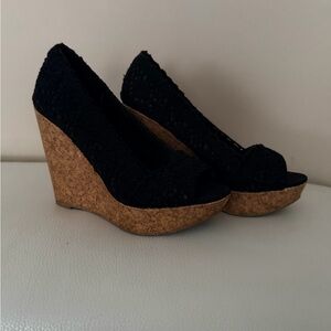 Vintage Y2K Lace Cork Wedge Peep-Toe Heels